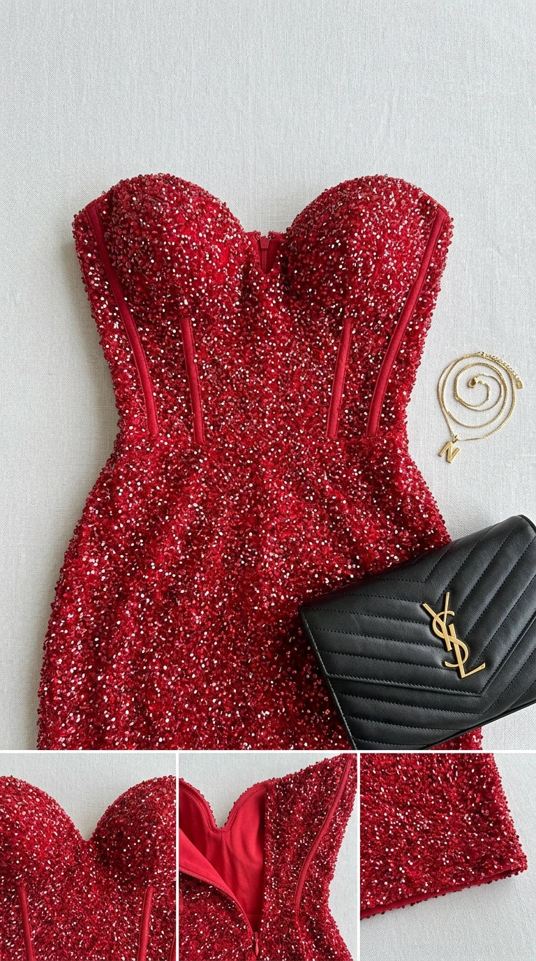 Flat lay close-up of red sequin gown bodice detailing corset boning lines and sweetheart neckline