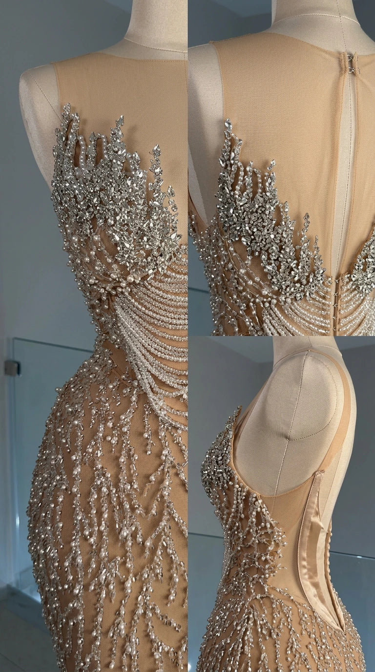 Close-up details of corset boning, illusion mesh, and crystal embellishments