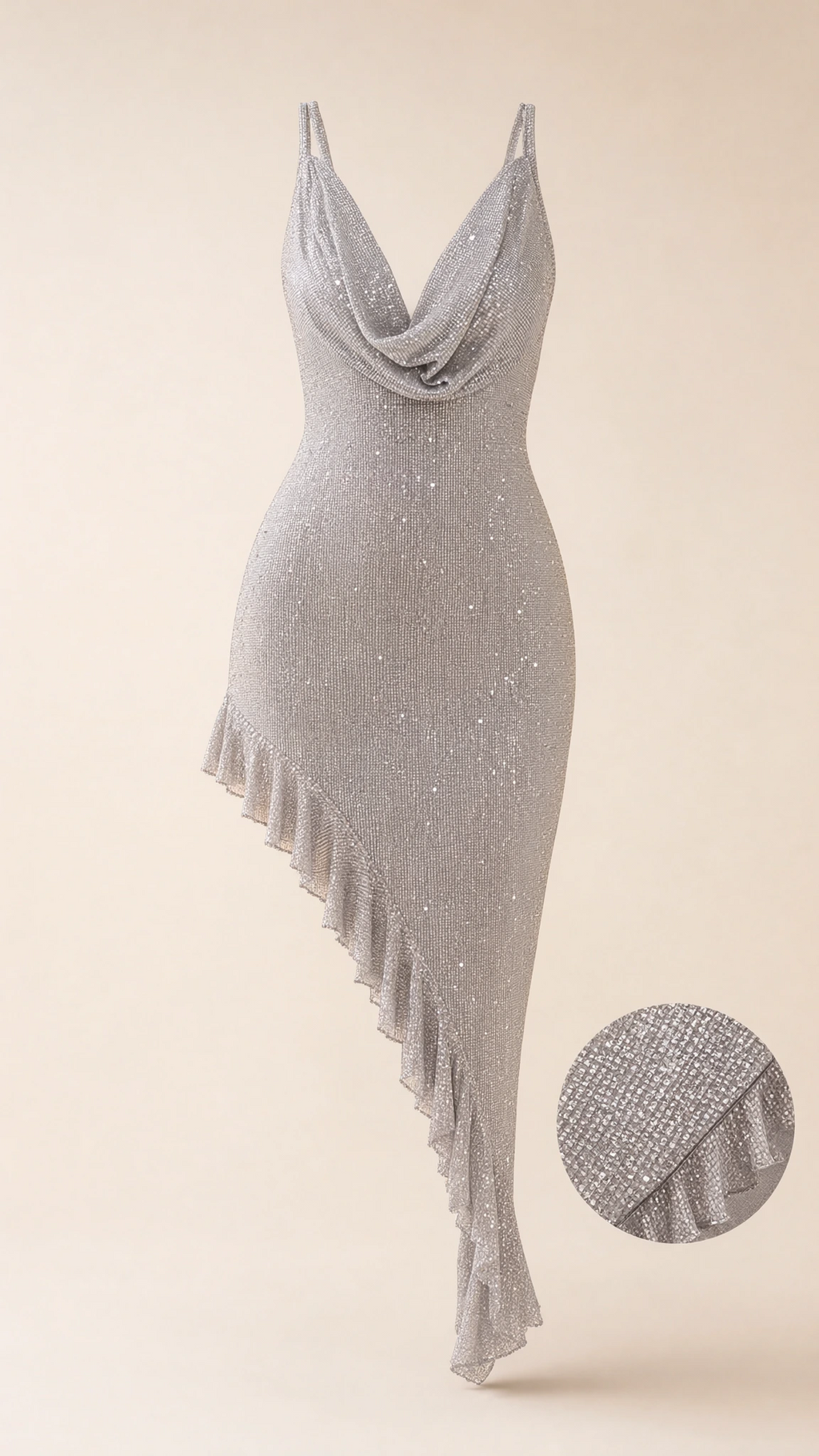 Product display flat lay of silver sparkle cowl neck dress with close-up of ruffle texture