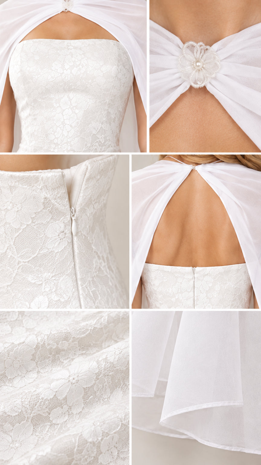 Close-up details of floral lace fabric, rhinestone brooch clasp, and back zipper construction