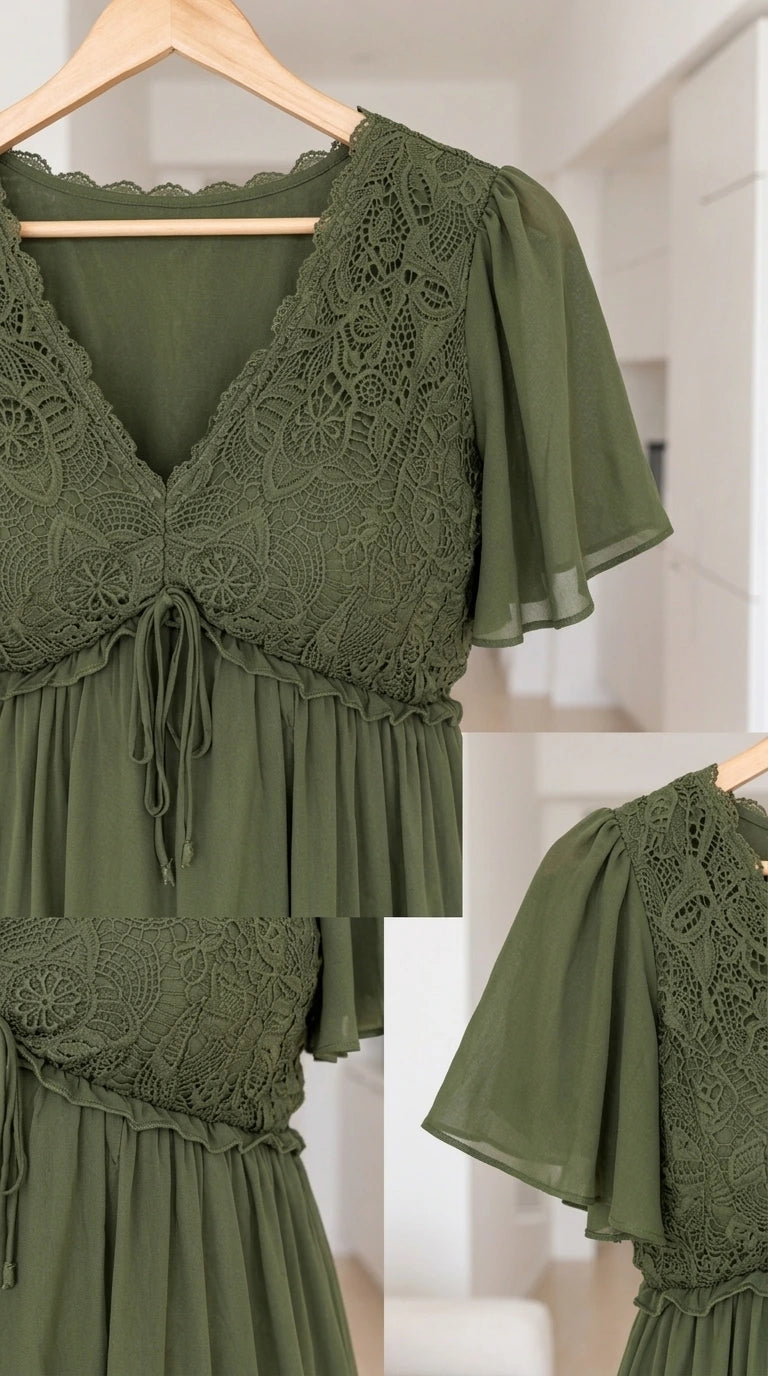 Close-up details of intricate floral lace bodice, tie waist, and flutter sleeves