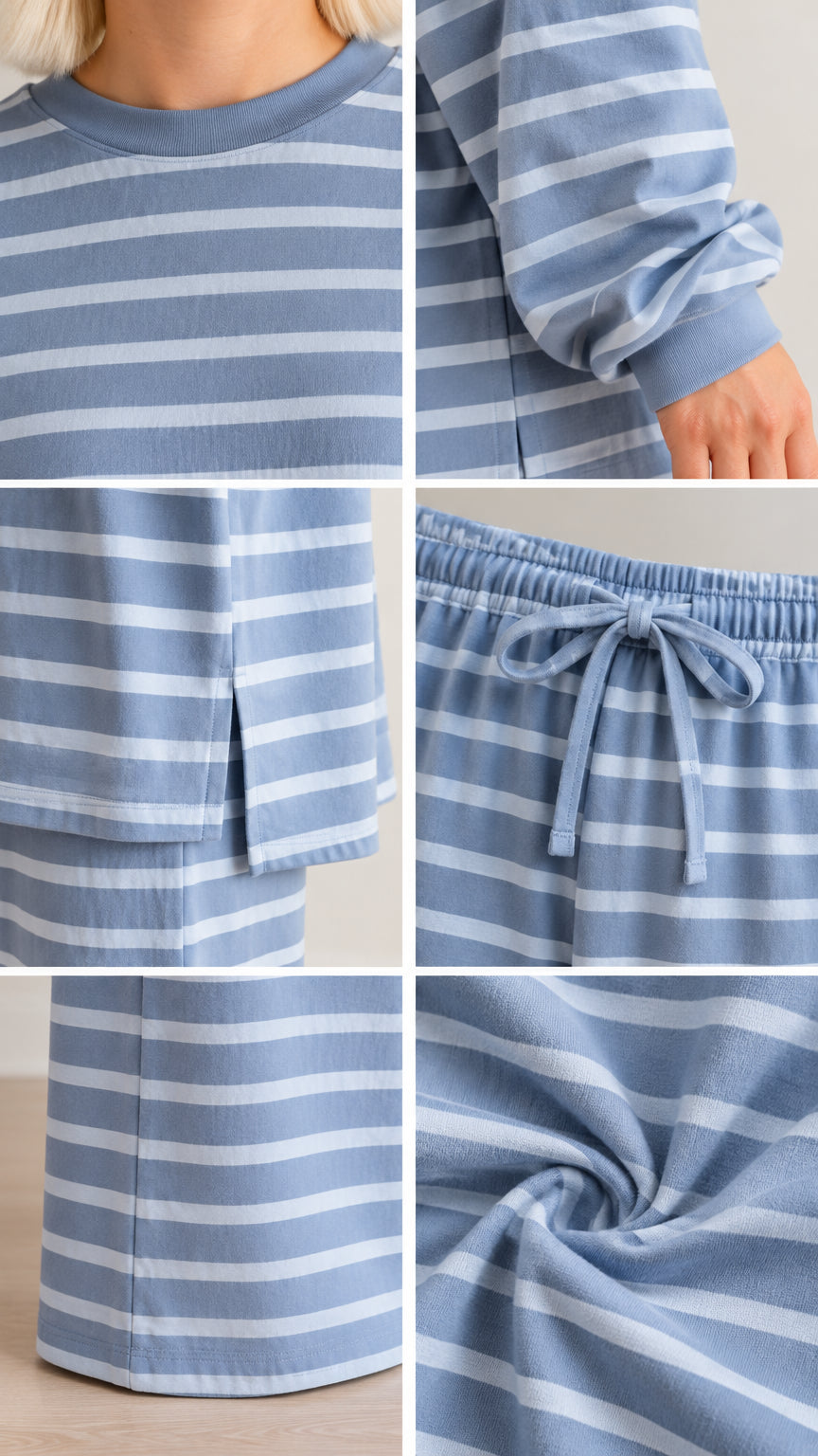 Close-up details of striped pajama set showing neckline, cuffs, side split hem, drawstring waist, and fabric texture