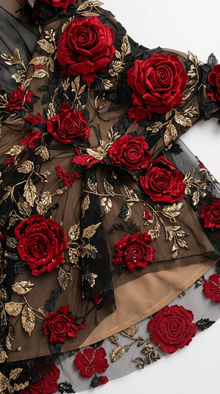 Close-up detail of 3D red rose appliqués and metallic gold embroidery on mesh fabric