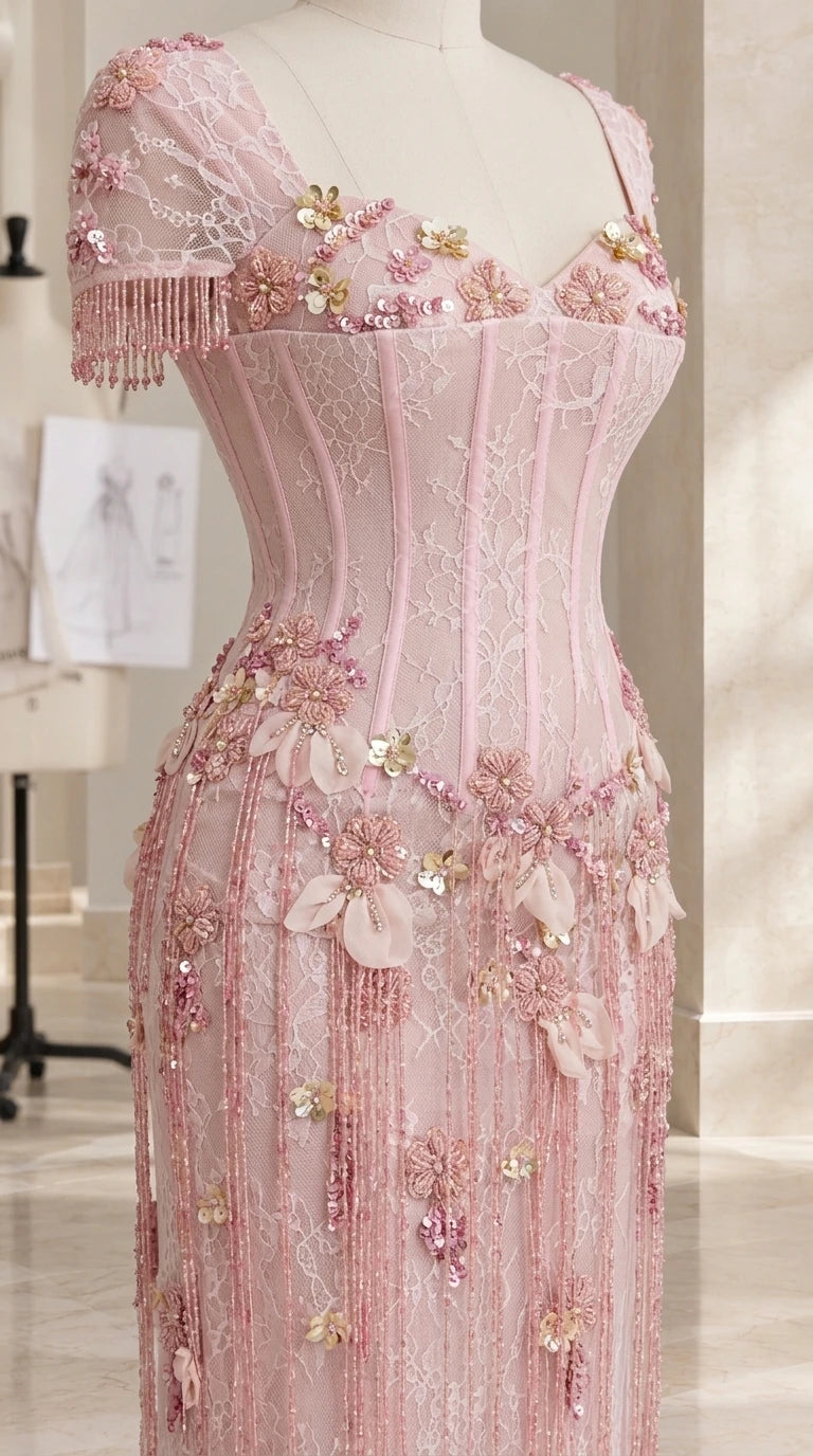 Close-up detail of pink corset bodice with 3D floral appliqués and beaded tassel sleeve