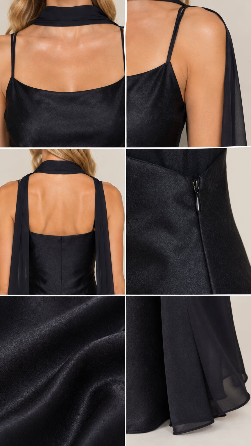 Close-up details of neckline, shoulder straps, back band, side zipper, and satin fabric texture