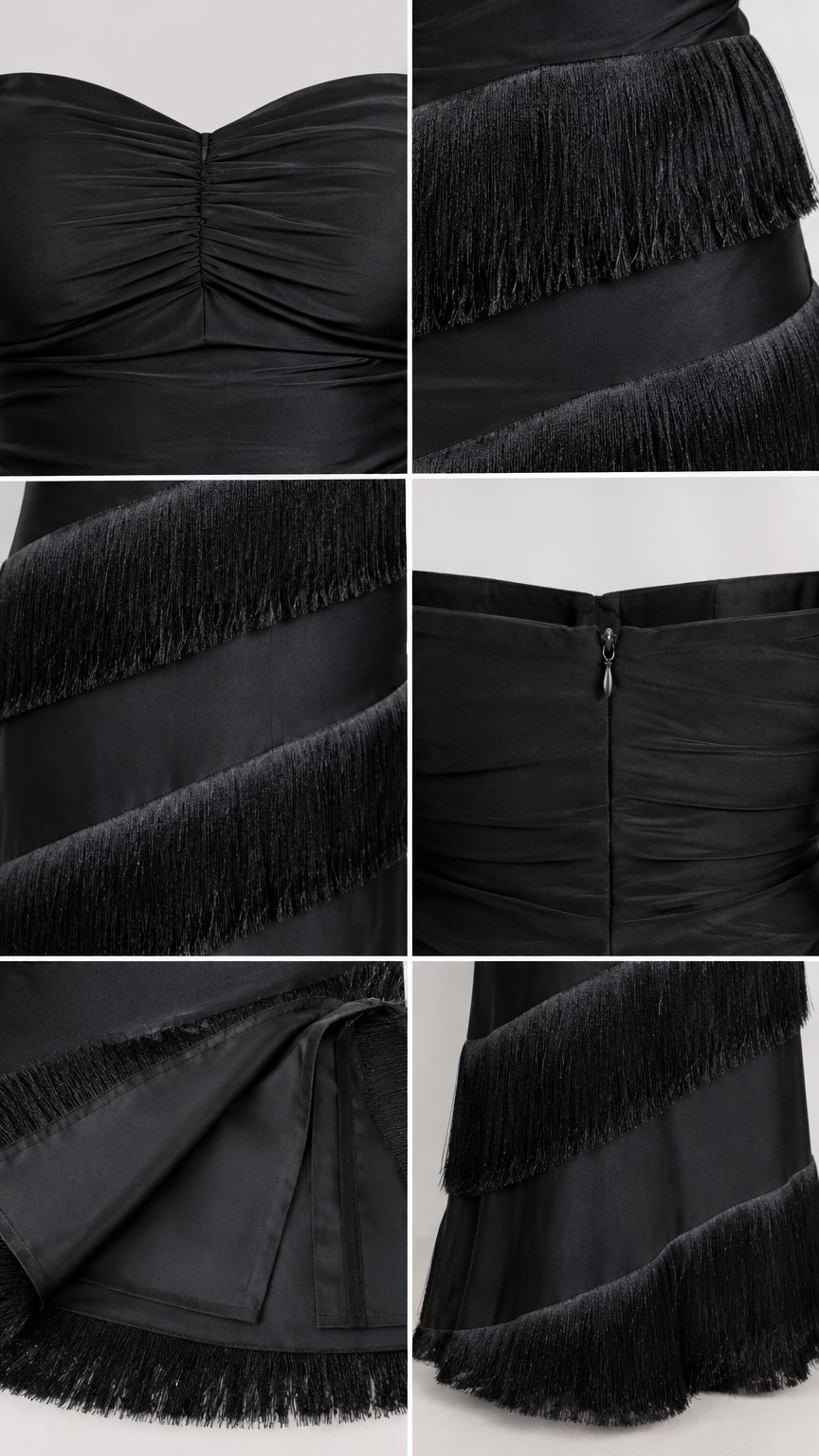 Detailed close-ups of ruched bust, tiered fringe fabric, back zipper closure, and hem lining