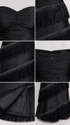 Detailed close-ups of ruched bust, tiered fringe fabric, back zipper closure, and hem lining