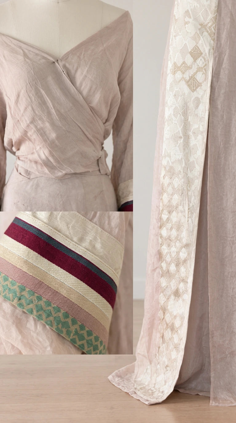Close-up details of wrap bodice, sleeve cuff trim, and brocade skirt insert