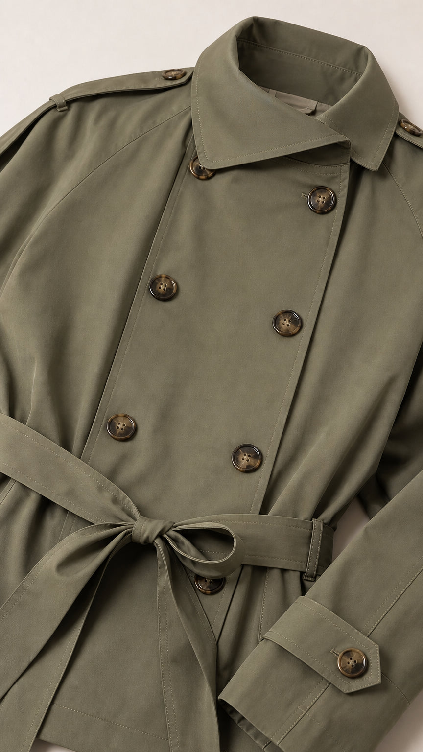 Close-up detail of Olive Green double-breasted trench jacket buttons, collar, and fabric texture