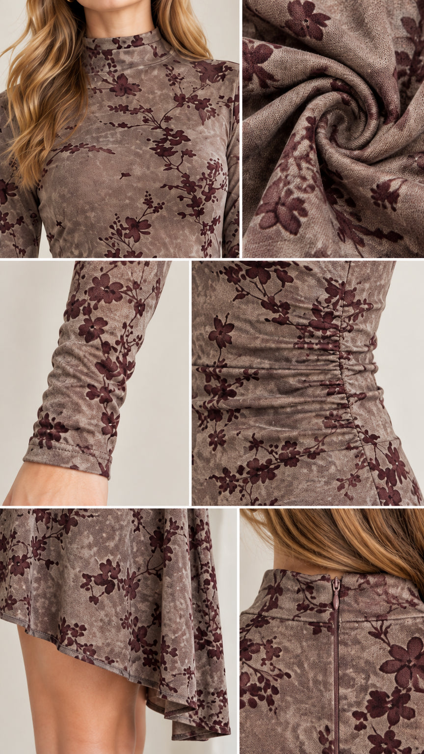 Detailed collage showing mock neckline, soft floral knit fabric, cuff, waist ruching, and back zipper closure