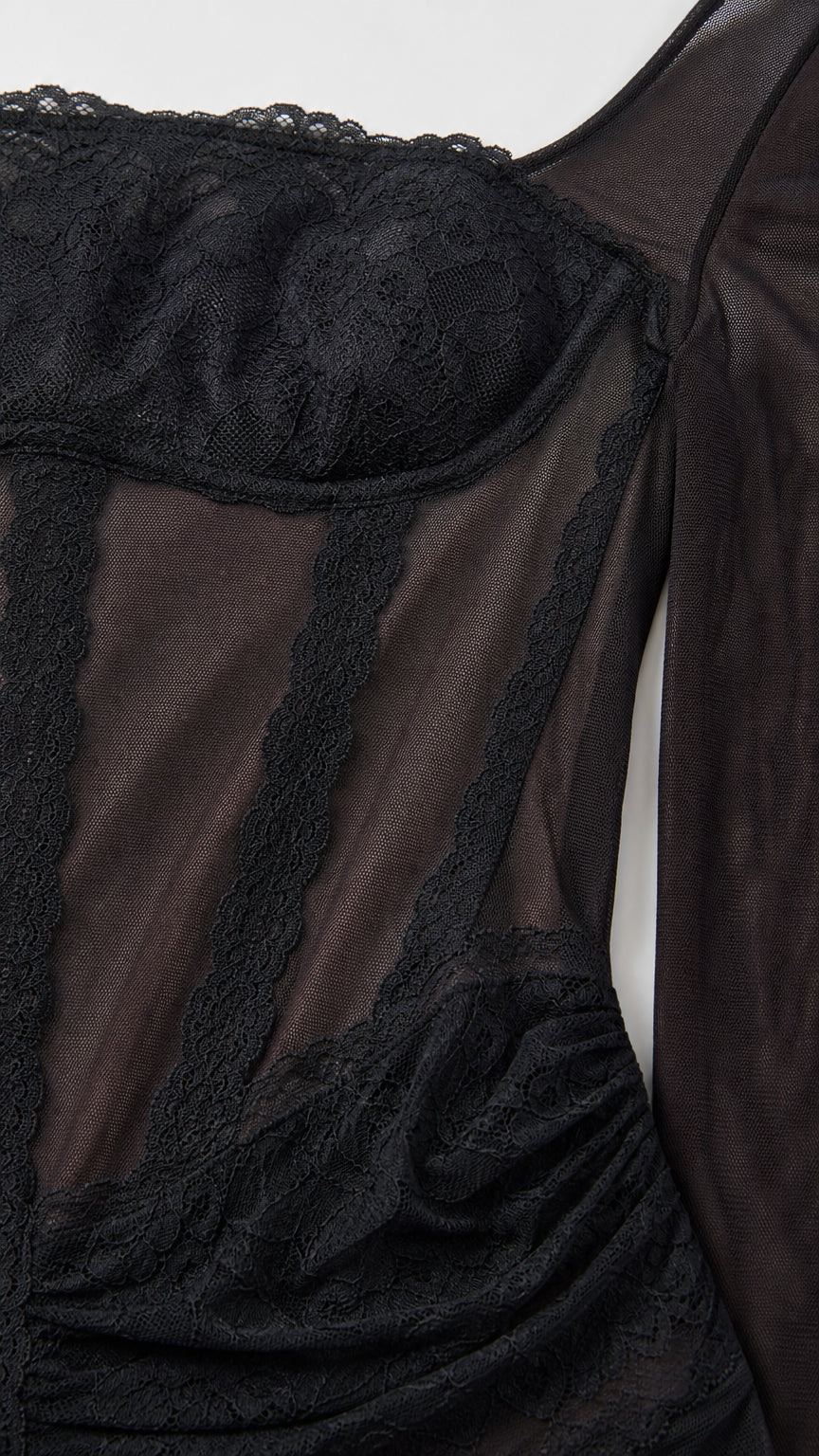 Close-up detail of sheer mesh bodice, corset boning lines, and lace trim