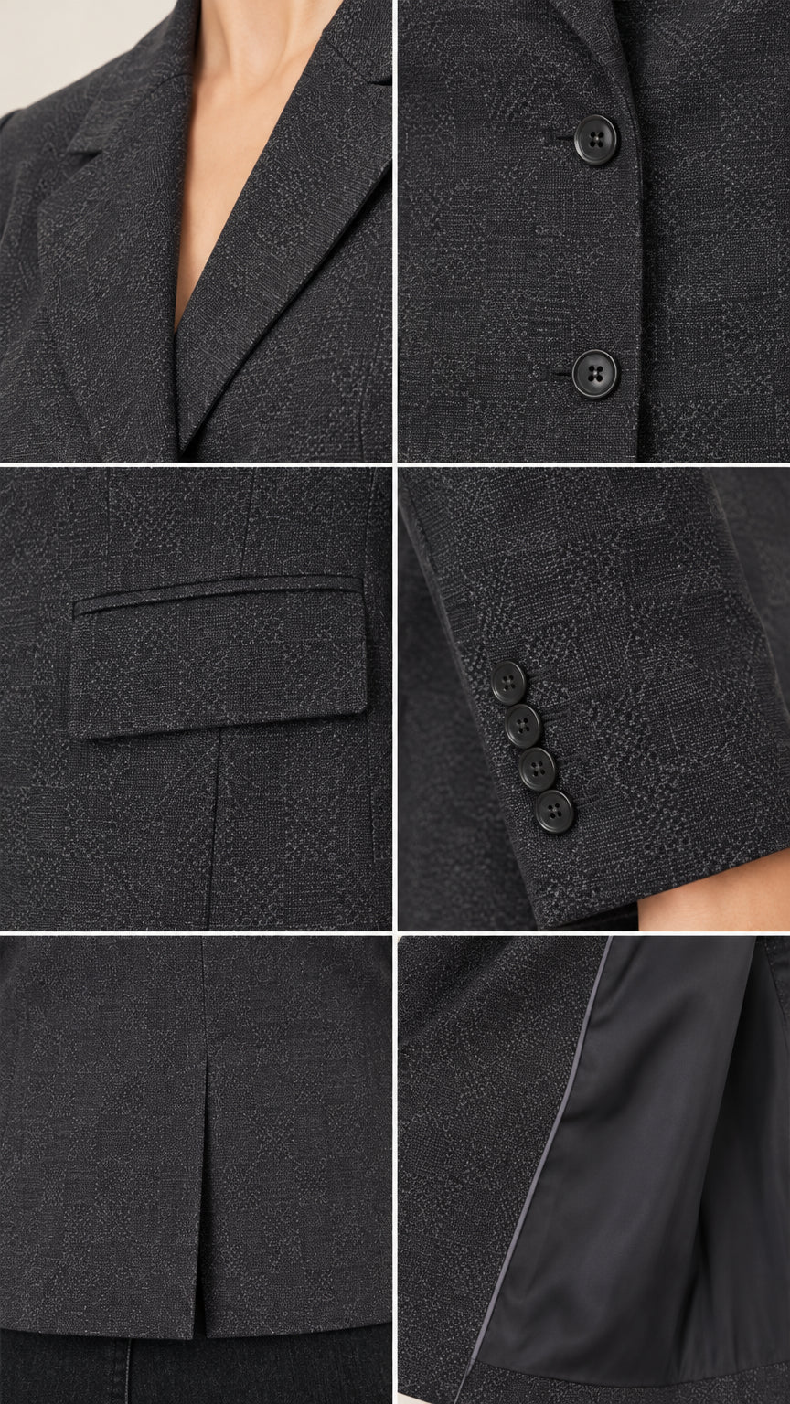 Detailed close-up collage showing lapel, buttons, flap pocket, button cuffs, and lining