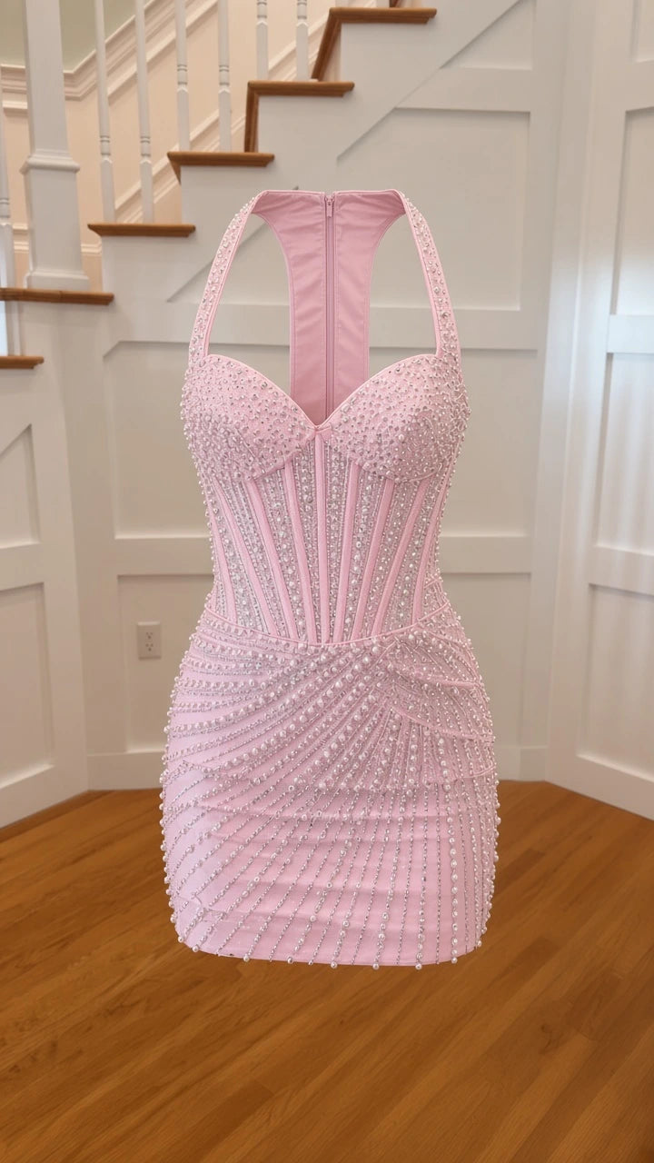 Flat front display of pink halter pearl embellished corset mini dress