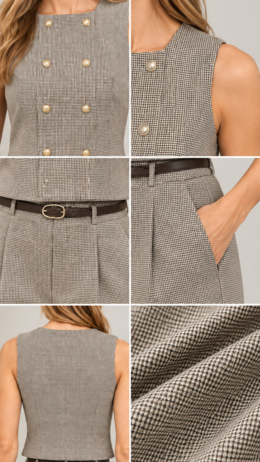 Detailed collage showing button accents, neckline, waistband with belt, side pocket, back view, and fabric weave of grey checked set