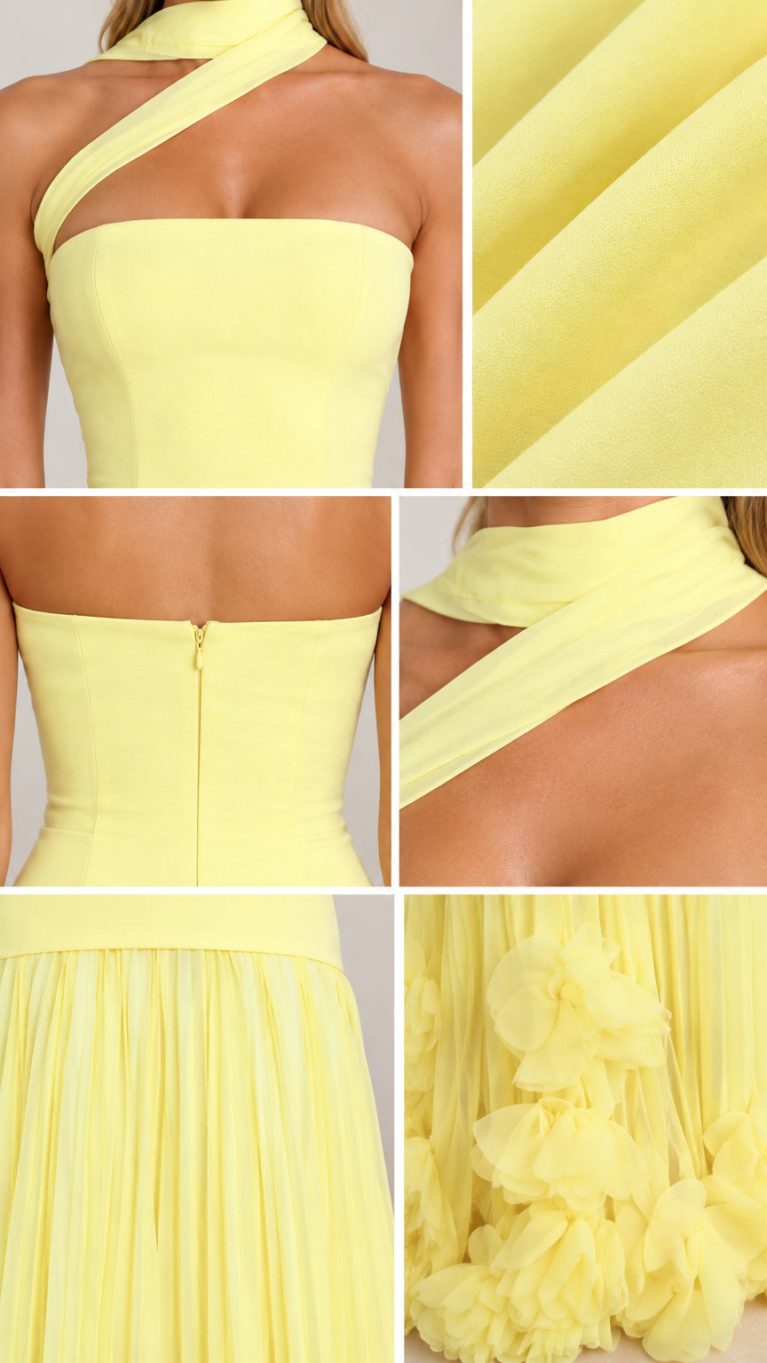 Close-up detail collage of yellow gown bodice, neckline strap, back zipper, and ruffle hem