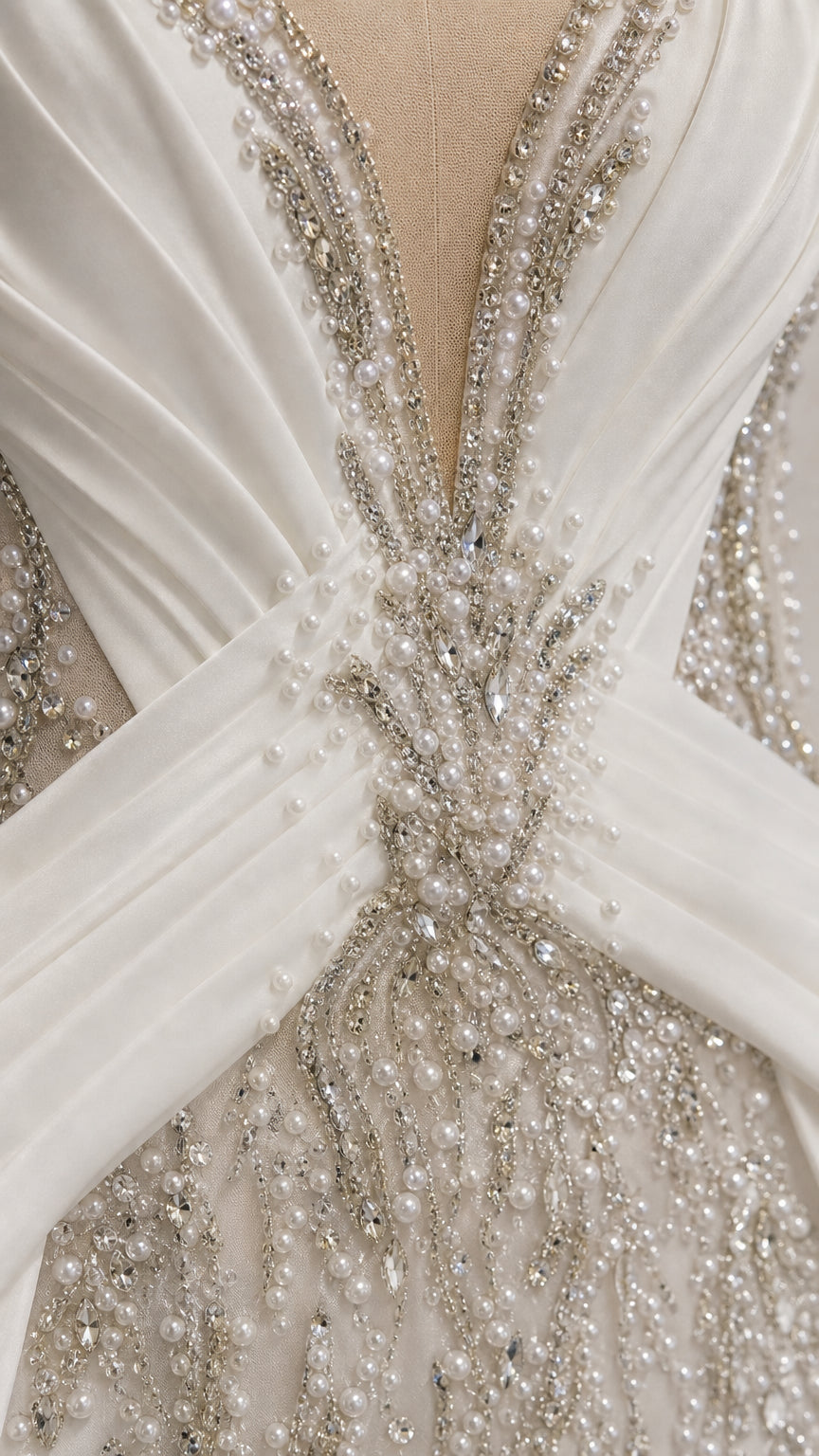 Close-up detail of ruched bodice with crystal and pearl embroidery