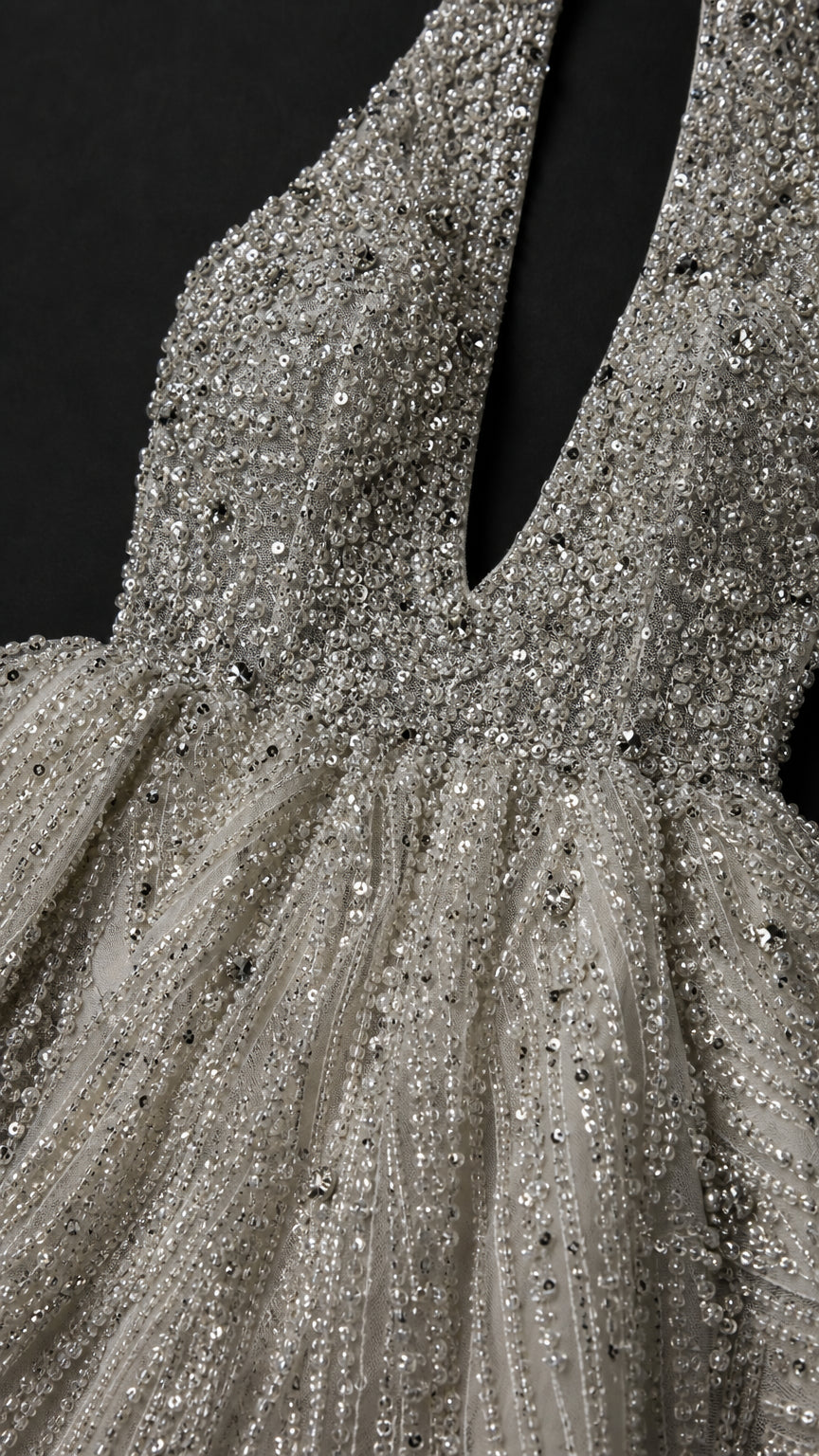 Close-up detail of textured sparkling silver sequins and plunge bodice