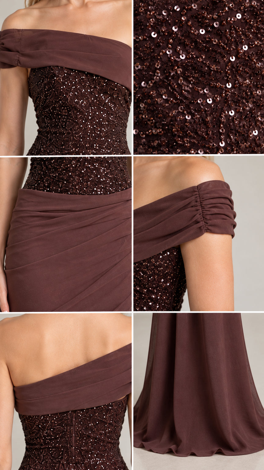 Close-up details of sequin bodice and pleated shoulder strap on chocolate brown gown