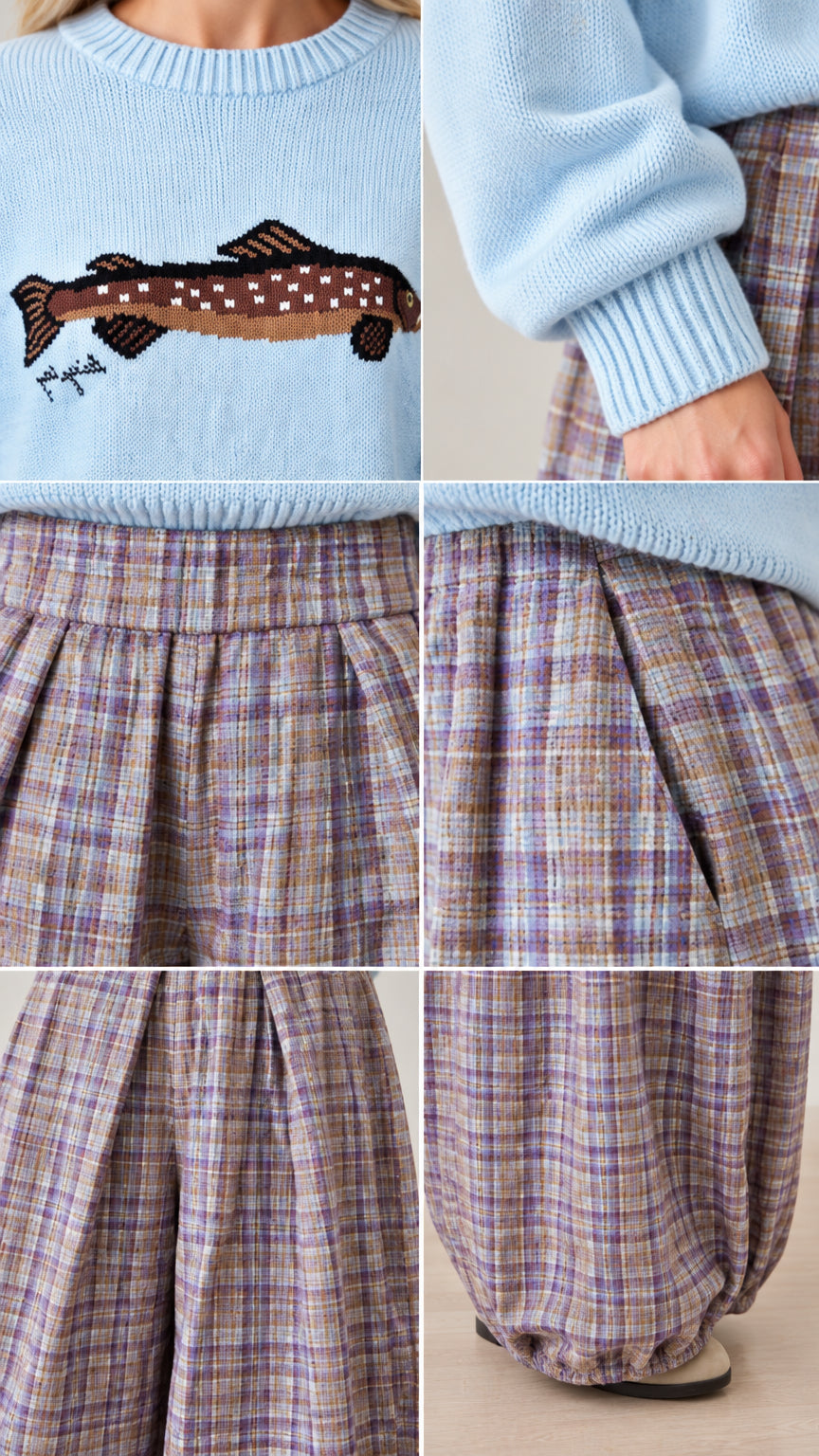 Close-up detail collage showing sweater neckline, fish motif, sleeve cuff, pleats, and balloon hem