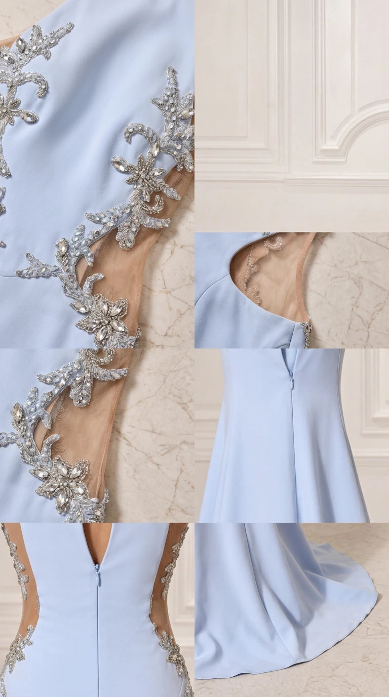 Close-up details of silver crystal beadwork, sheer mesh panel, and zipper closure on light blue gown