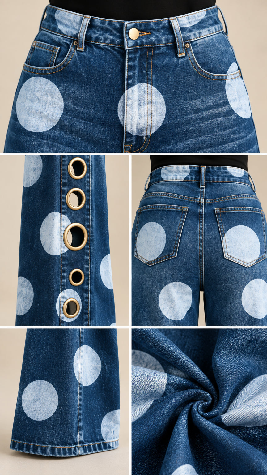 Close-up details of waistband, side grommets, rear pockets, and denim fabric texture