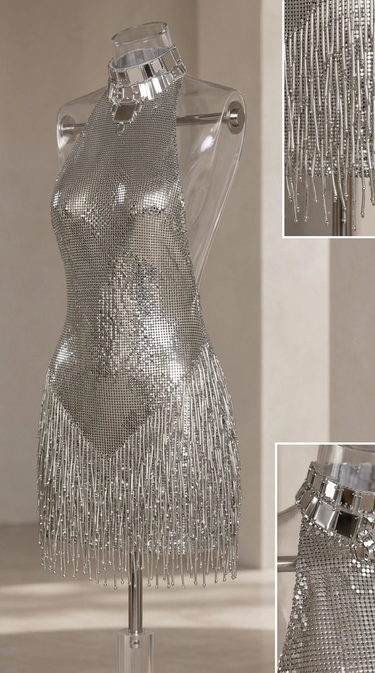 Mannequin display of silver halter fringe dress with collar detail closeups