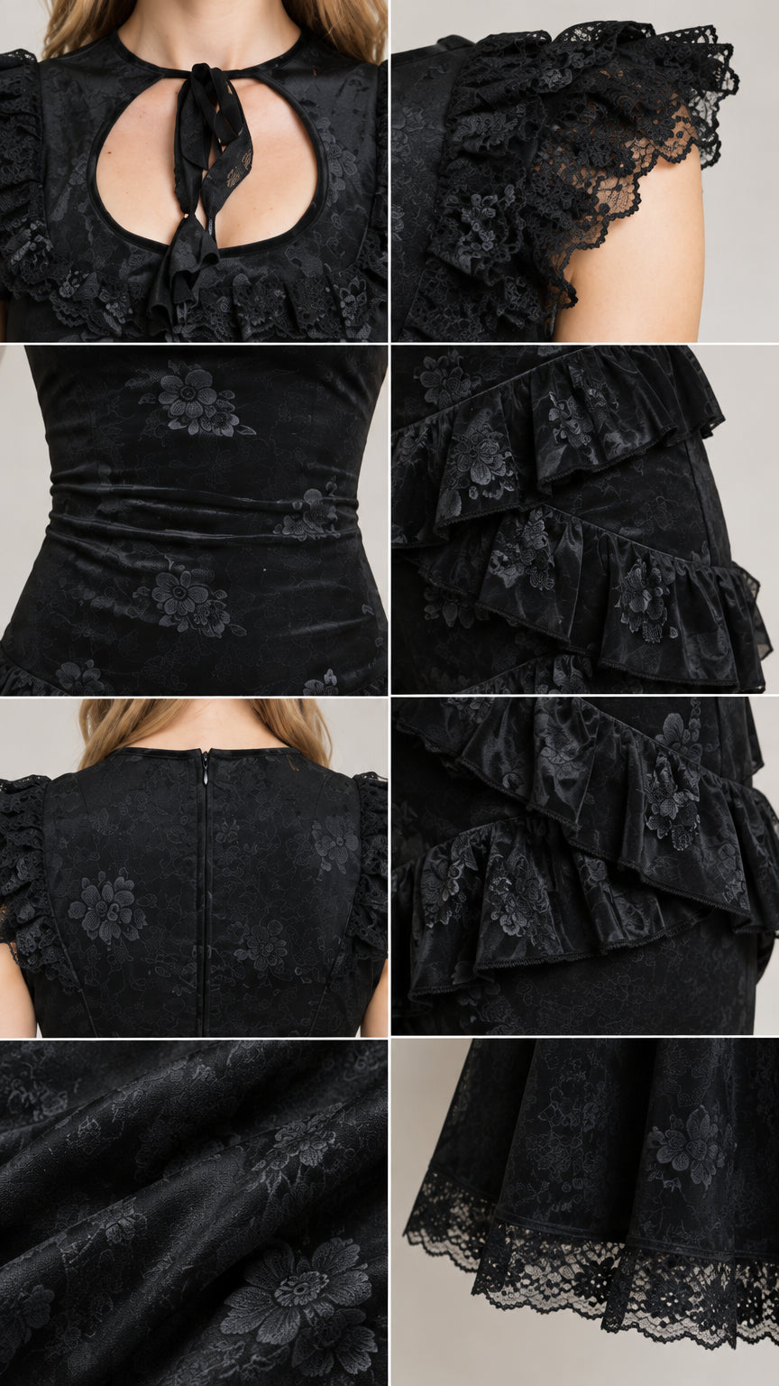 Detailed close-ups of black gown showing keyhole tie neckline, flutter sleeve, back zip, and lace hem