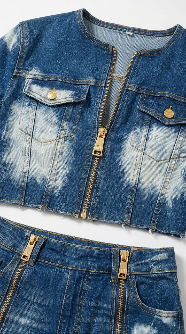 Close-up detail of blue acid wash cropped denim jacket and matching jeans waistband