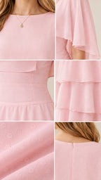 Close-up details of neckline, tiered waist, textured chiffon, and back zipper