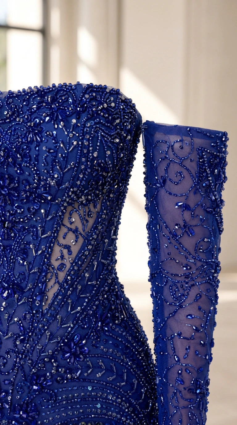 Close-up detail of blue intricate beadwork on bodice and sheer sleeve
