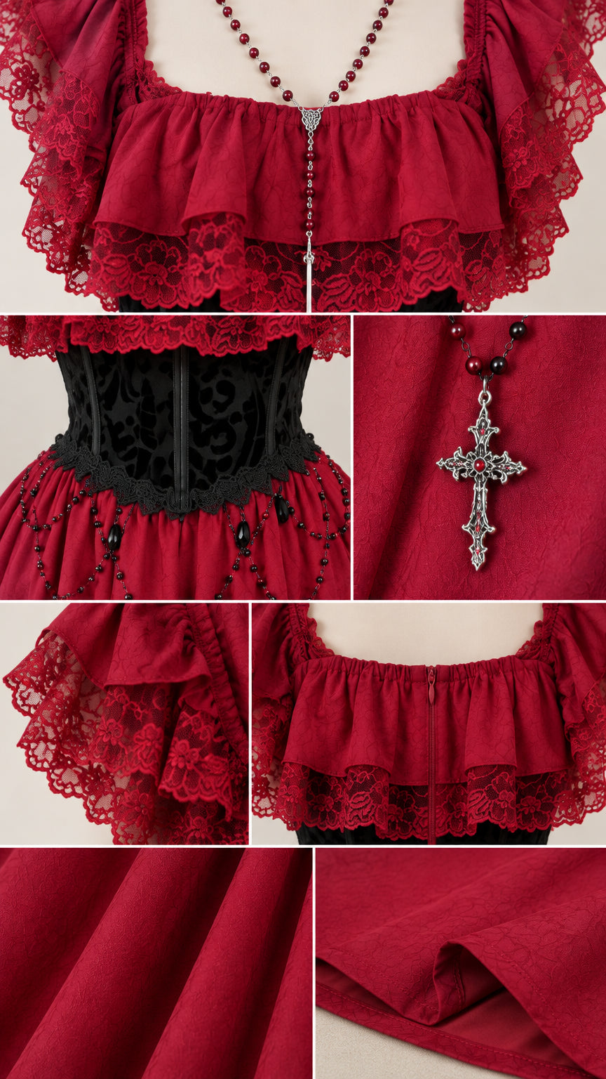 Close-up details of burgundy lace ruffle neckline, corseted waist, and beaded rosary necklace