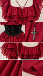Close-up details of burgundy lace ruffle neckline, corseted waist, and beaded rosary necklace