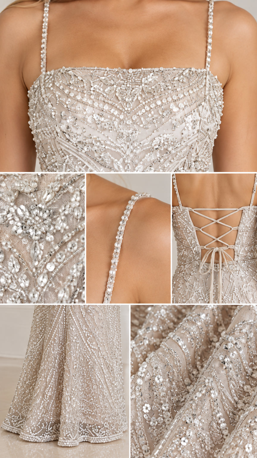 Close-up details of sequin embroidery, beaded straps, and lace-up back
