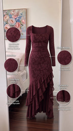 Burgundy long sleeve maxi dress product details and textured fabric callouts