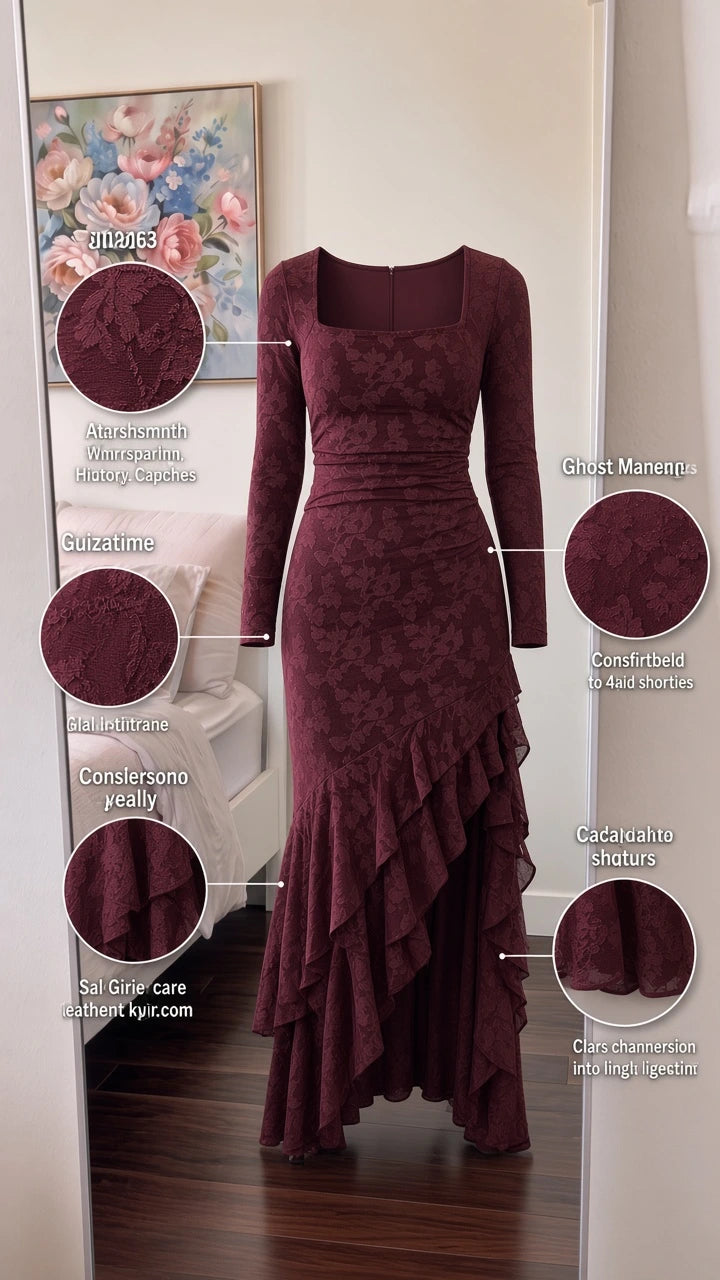 Burgundy long sleeve maxi dress product details and textured fabric callouts