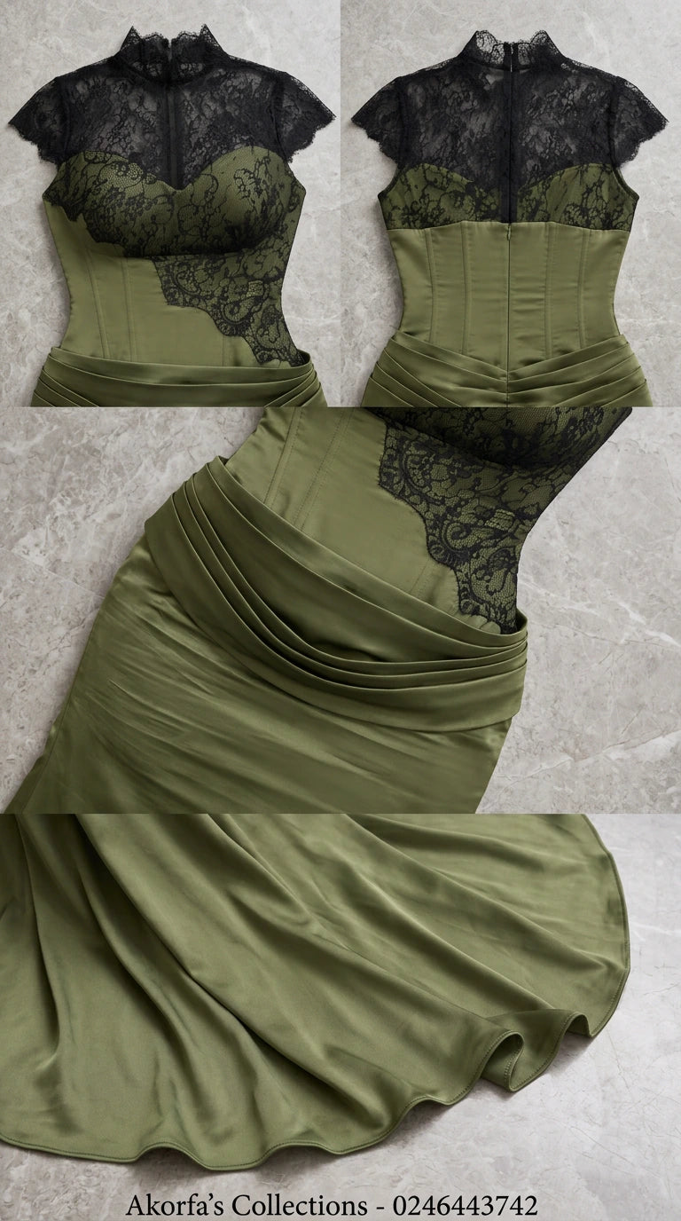 Close-up detail collage showing lace neckline, corset boning, waist draping, and satin hem