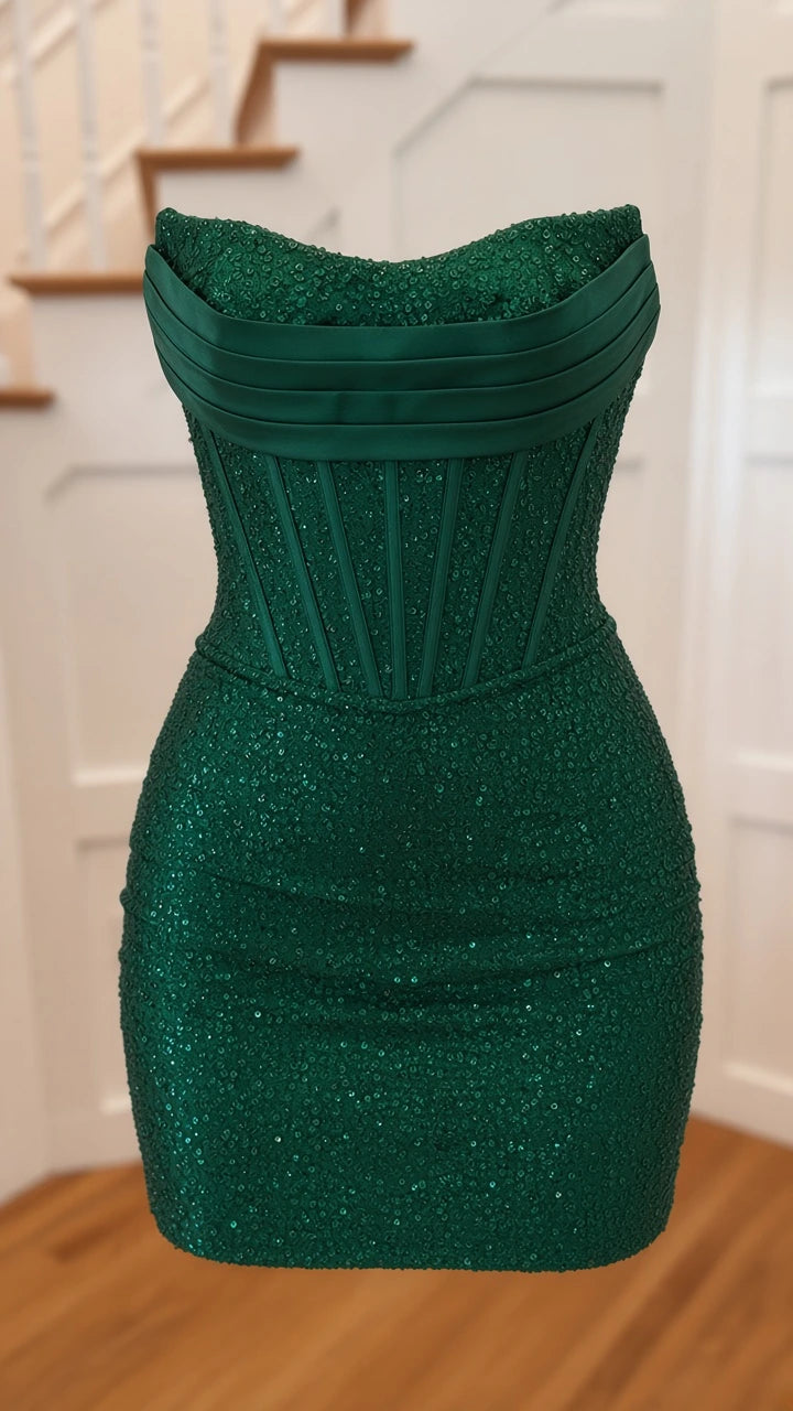 Product close-up of emerald green glitter corset mini dress showing boned bodice and folded neckline