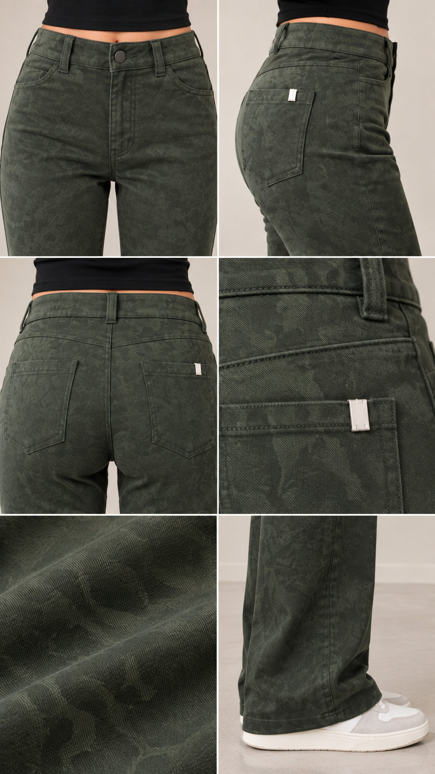 Close-up detail collage showing waistband, front pocket, back pocket, fabric texture, and hem
