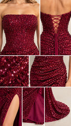Close-up details of burgundy sequined bodice, lace-up back closure, side ruching, and lined slit