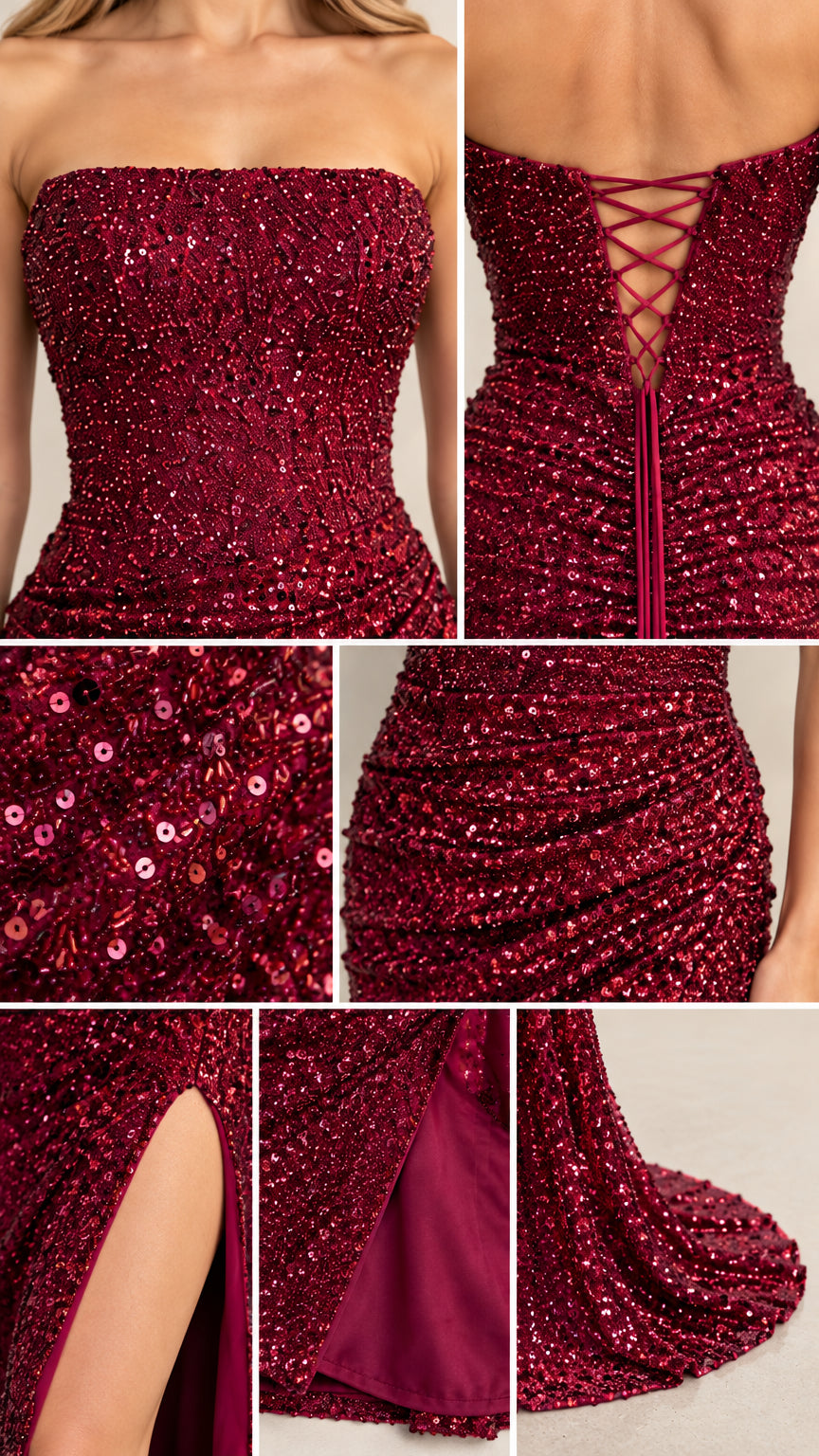 Close-up details of burgundy sequined bodice, lace-up back closure, side ruching, and lined slit