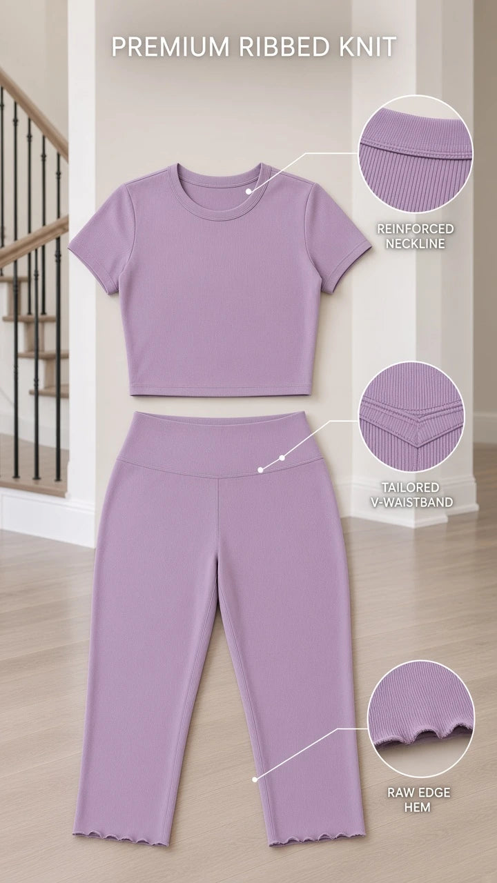 Product detail diagram highlighting ribbed knit, reinforced neckline, V-waistband, and raw edge hem