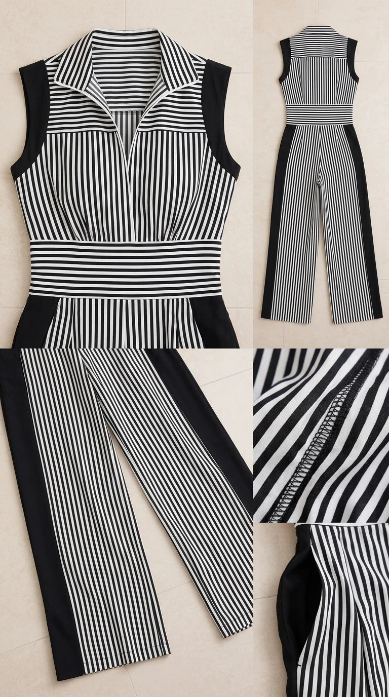 Detailed flat lay and stitching close-up of black and white striped jumpsuit with lapel collar and pocket