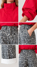 Close-up detail collage showing stand collar, elasticated cuffs, waistband, pockets, and folded hem