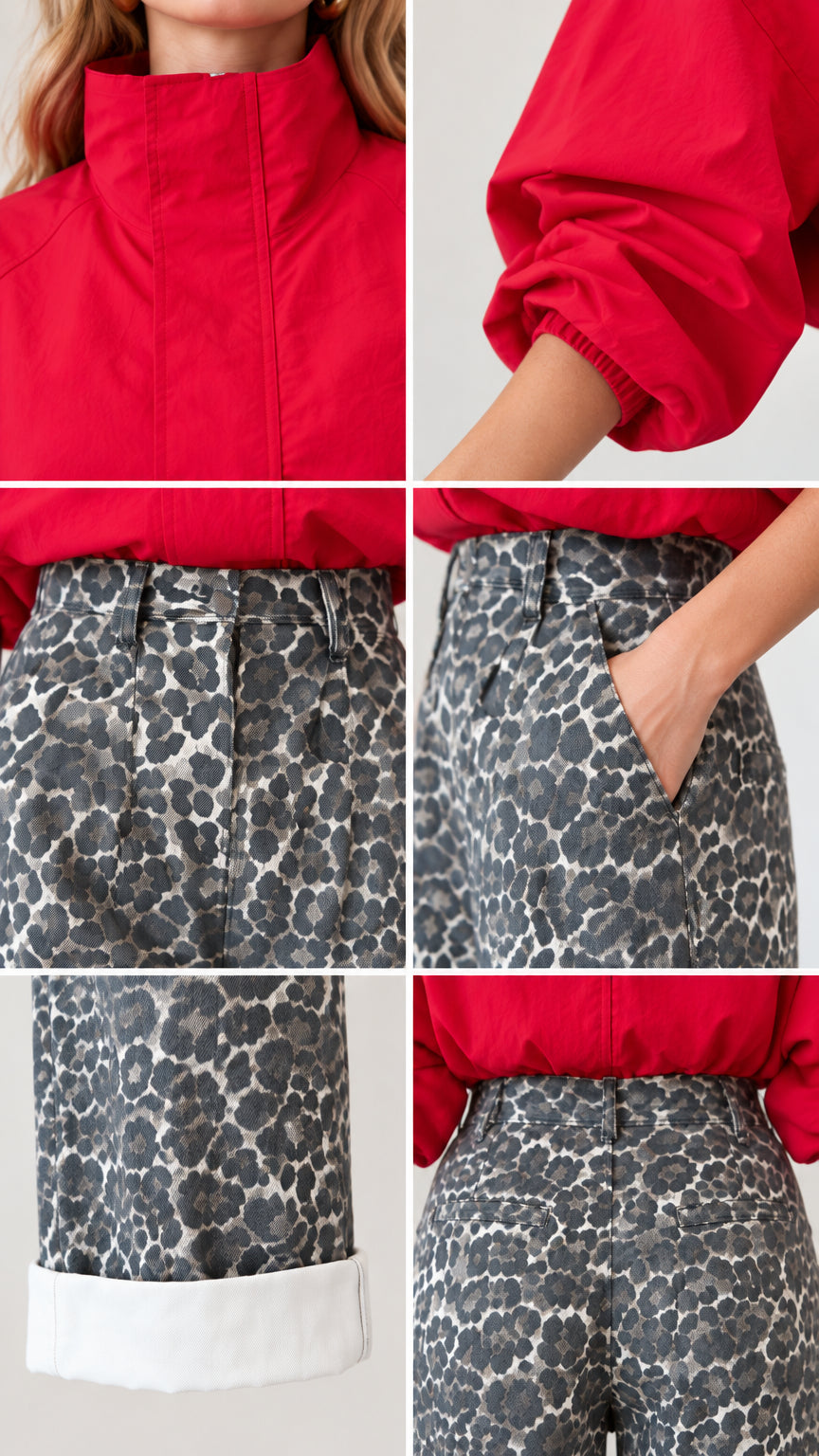 Close-up detail collage showing stand collar, elasticated cuffs, waistband, pockets, and folded hem
