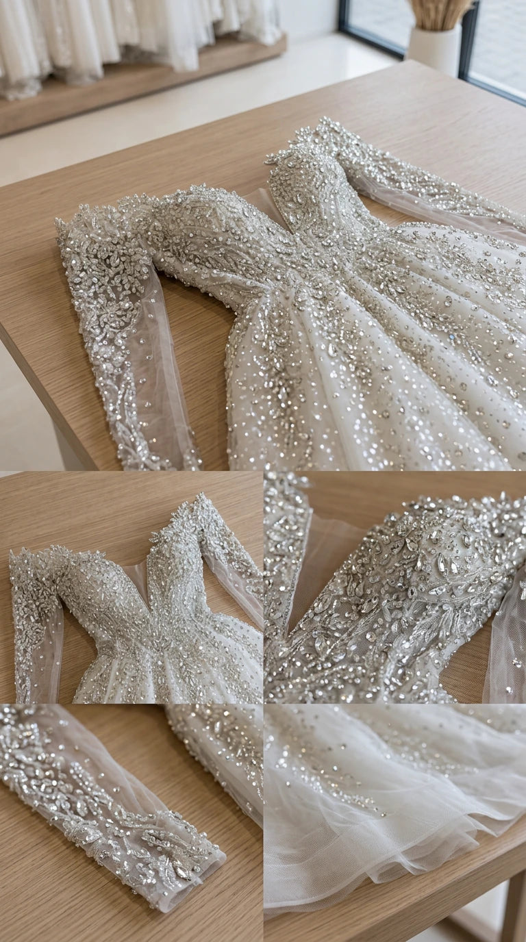 Flat lay close-up view showing intricate beadwork and sequin embroidery on bodice and sleeves