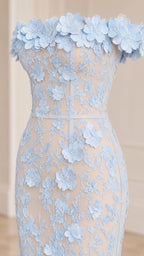 Close-up detail of light blue 3D floral lace neckline and structured bodice