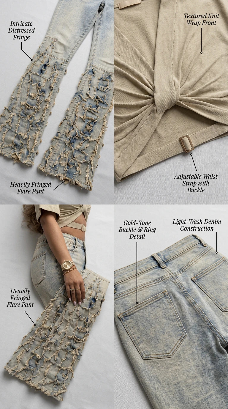 Detailed close-up collage of textured wrap top buckle, denim back pockets, and heavy fringe pant details