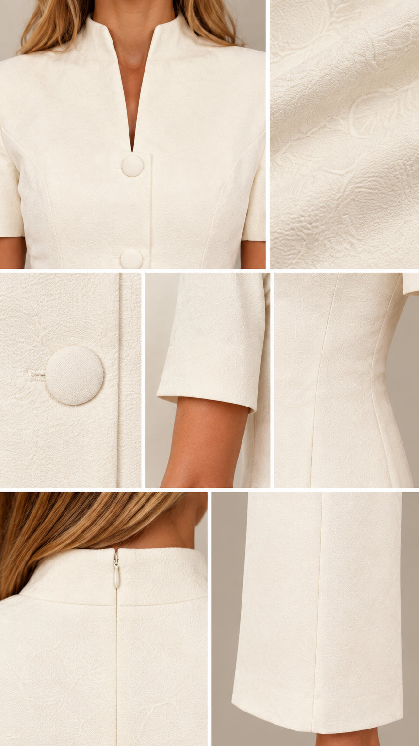 Close-up details of collar, fabric texture, covered buttons, sleeves, and back zipper on ivory dress