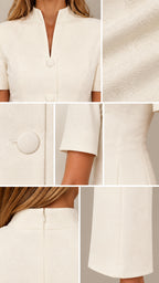 Close-up details of collar, fabric texture, covered buttons, sleeves, and back zipper on ivory dress