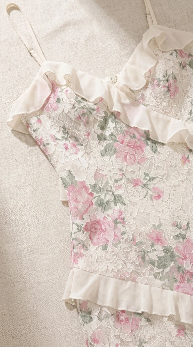 Close-up detail of floral lace texture, neckline ruffle trim, and adjustable straps